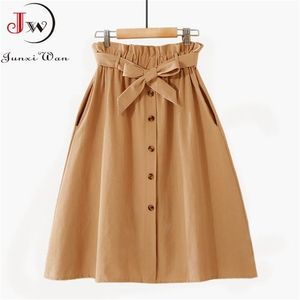 Femmes Casual Coton Jupes Printemps Été Style Coréen Solide Élégant Taille Haute Simple Boutonnage Arc À Lacets A-Line Midi Skir 210619