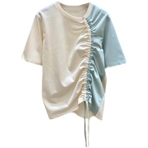 Femmes Casual Daily Shirring Patchwork Blanc Simplicité T-shirt Col Rond Manches Longues Mode Été 16F1220 210510