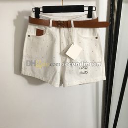 Mujeres pantalones de mezclilla casual pantalones cortos brillantes jeans cortos transpirables con cinturón de diseñador