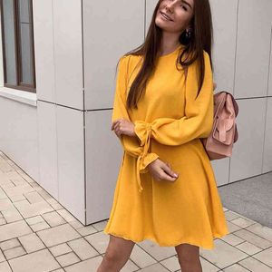 Femmes Casual Cordon Lâche Mignon Mini Robe Couleur Jaune Vif Robe Papillon Manches Automne Printemps Robe De Vacances Robes 210412