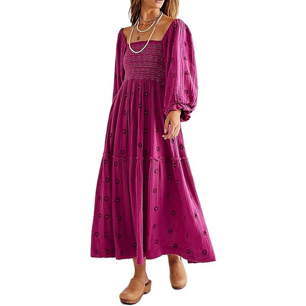 Femmes robes décontractées Boho bouffée à manches longues robe Maxi en mousseline de soie florale à plusieurs niveaux fluide balançoire robe longue de fête
