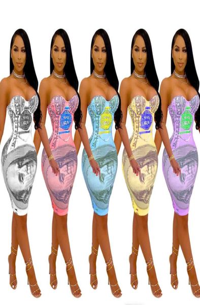 Mujeres vestidos casuales sexy dólar estadounidense estampado sujetador sin mangas top falda moda diseñadores de vestidos de lápiz delgados