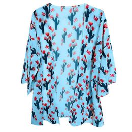 Vrouwen Casual bloemenprint Zomer Chiffon Kimono Geen Cardigan Beach Open Cover boven knie halve mouw omhoog Sarongs