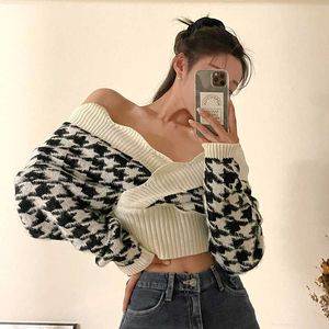 Dames Casual High Fashion Off Shoulder Plaid Trui Pullover Crop Top Bebouwd Sexy Trek Femme Basic Breitwear 210529