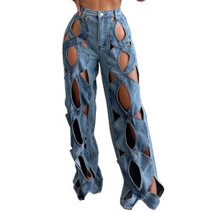 Vrouwen Casual Jeans High Tailed Y2K Trendy Hollow Out Criss Cris brede rechte been baggy denim broek