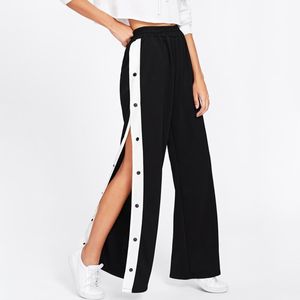 Vrouwen Casual Losse Hoge Taille Broek Herfst Sexy Knop Gesp Side Stripe Split Brede Beenbroek 2019 Harajuku Pants 7