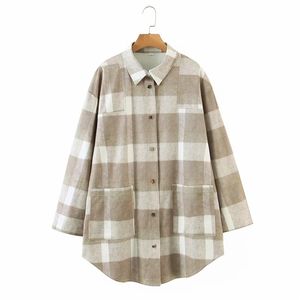 Dames Casual Losse Pocket All-Match Plaid Revers Shirt Mid-Lenge Herfst en Winterjas Jas 210521