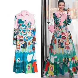 Mujeres Camisa midi casual vestida de manga larga Diseño de moda Cartoon estampado Lady Streetwear Vestidos grandes talla 240403