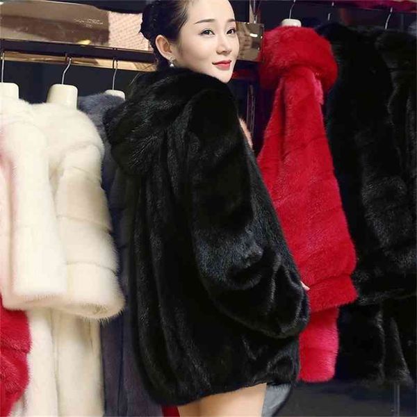 Mujeres Casual Mink Fur Coat Bat Manga Capucha Completa Cálido Otoño e Invierno Sólido Solo Botón 210427