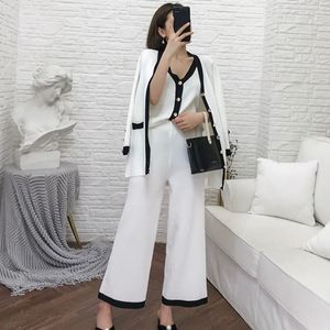 Vrouwen Casual Ol Pant Set Lente Dames Kleine Geurige V-hals Vest Top + Cardigan + Wide-Pen Broek Pak Gebreide Driedelige Suit 210515