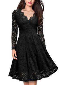 Vrouwen Casual feestjurken Bodycon Vintage Floral Lace Short Long Sleeve V Neck Cocktail Formal Swing A-Line Mini Dress