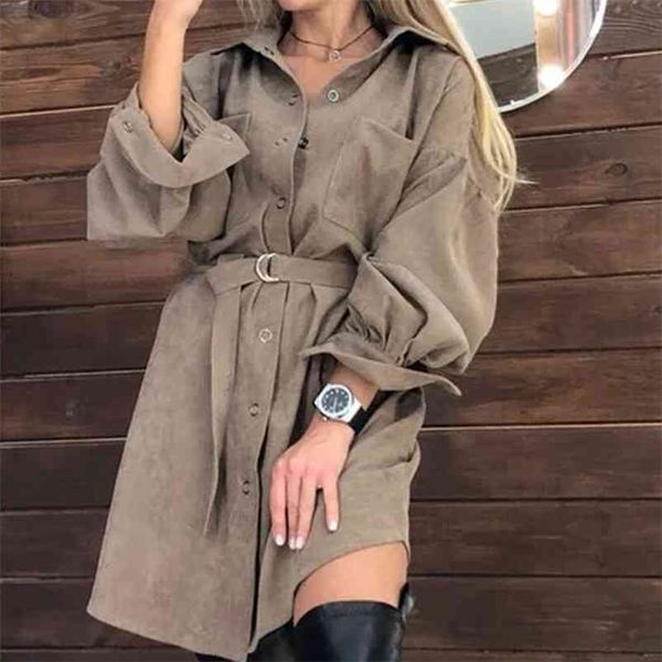 Femmes Casual Manches Bouffantes De Mode Mini Robe Avant Boutons Poches Lâche Femmes DressSolid Couleur Col Rabattu Automne Nouvelle Robe 210409