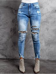 Dames casual gescheurde luipaard patchwork potloodjeans