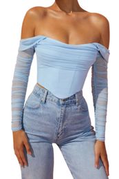 Femmes chemises décontractées moulante mignon Sexy hors épaule à manches longues maille transparent Slash cou Crop Tube Top Blouses