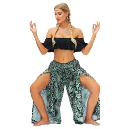 Pantalons de jambe larges à fente décontractée Boho Yoga Pantalons hippie bohemian pilate Summer Beach Pantums élastiques élastiques hautes taies baggy