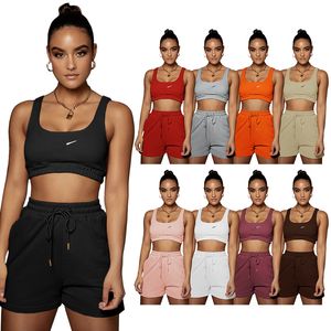 Femmes de shorts solides décontractés Définit des survêtements pour dames Crop top et cordon de cordon 2 pièces correspondant aux vêtements de sport.