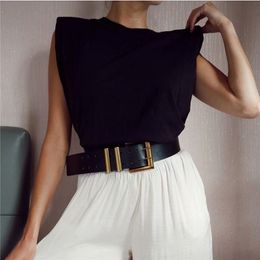 Femmes Casual Solide Sans manches Épaulière Za 5 Couleur T-shirts Mode d'été O-Cou Noir Coton T-shirts Tops 210317
