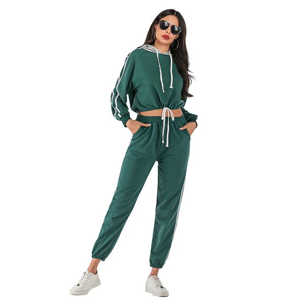 Femmes Casual Sports Suit Mode Sritped Cordon Haut Et Pantalon Long Deux Pièces Ensemble À Capuche Solide Survêtement Ensemble Dames Automne 210412