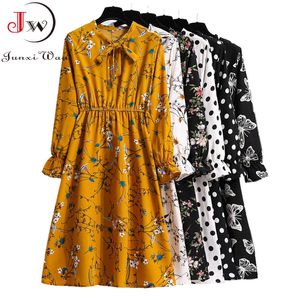 Dames Casual Lente Herfst Jurk Koreaanse Stijl Vintage Floral Gedrukt Shirt Jurk Lange Mouw Elegante Bow Midi Summer Vestidos X0521