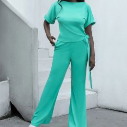 Women Casual Streetwear 2pcs establece tops de color sólido y pantalones de pierna ancha de cintura