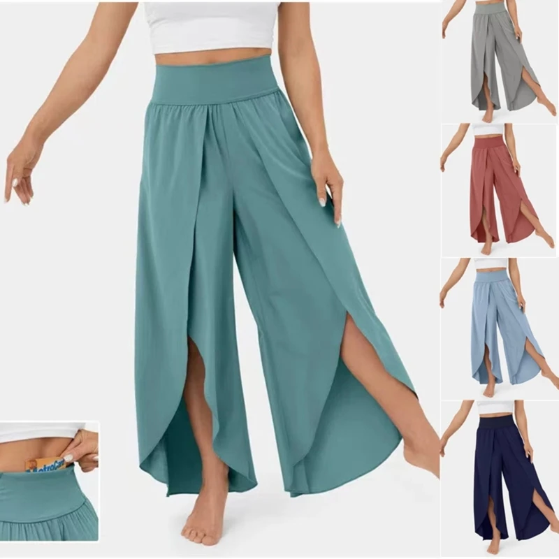 Mulheres Estilo casual Flowy Split perna larga calça alta cintura alta yoga calça cor de cor sólida de cor respirável vestindo para o verão diariamente
