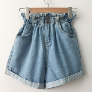 Dames Casual Zomer Hoge Taille Denim Shorts Losse Dames Mode Roll Up Hem Elastische Taille Pocket Blauw Wit Jeans Vrouw 210422