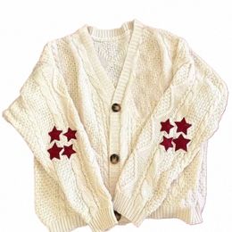 Femmes Casual Tay Red Star Beige Lor Lâche Cardigan tricoté brodé Chaud Swif T Butt Lg Manches Femme Pull Cardigans m2dy #