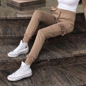 Femmes Casual Pantalon De Survêtement Pantalon Taille Haute Lâche Solide Côté Volants Rue Long Pantalon Cordon Courir Jogging Pantalon Femme 210412