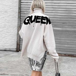 Dames Casual Turtleneck Queen Gedrukt Sweatshirt Herfst Lange Mouw Oversize Pullover Tops Streetwear Fashion Side Split Hoodies 210927