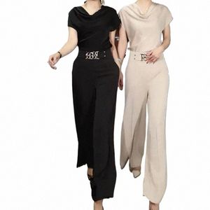 Femmes Casual Deux Pièces Ensemble 2023 Été Nouveau Polyvalent Fi Coréen Corp Top Flare Pantalon à Jambes Larges Costume Femme Plus Taille Vêtements h2pO #