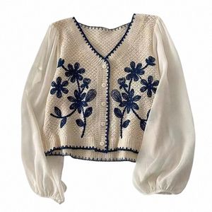 Femmes Casual Col V Butt Down Cardigan Court Puff Lg Manches Élégantes Broderie Florale pour VESTE Cover Up Blouse b1Sx #