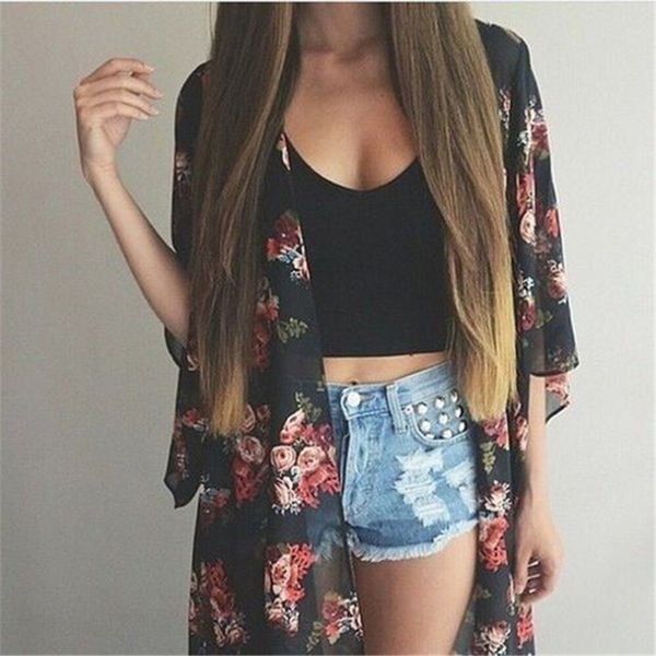 Mujeres Casual Vintage Kimono Cardigan Ladies Summer Long Crochet Chiffon Kimono preto Loose flora impreso Blusa Tops Negro 210522