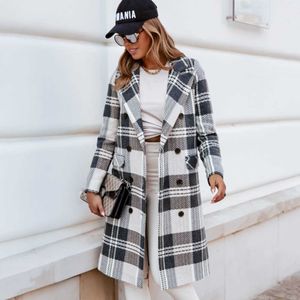 Dames Casual Wollen Jassen Herfst Winter Lange Mouwen Plaid Jas Jas Vrouw Turn Down Collar Double Breasted Cardigan Jas 210930