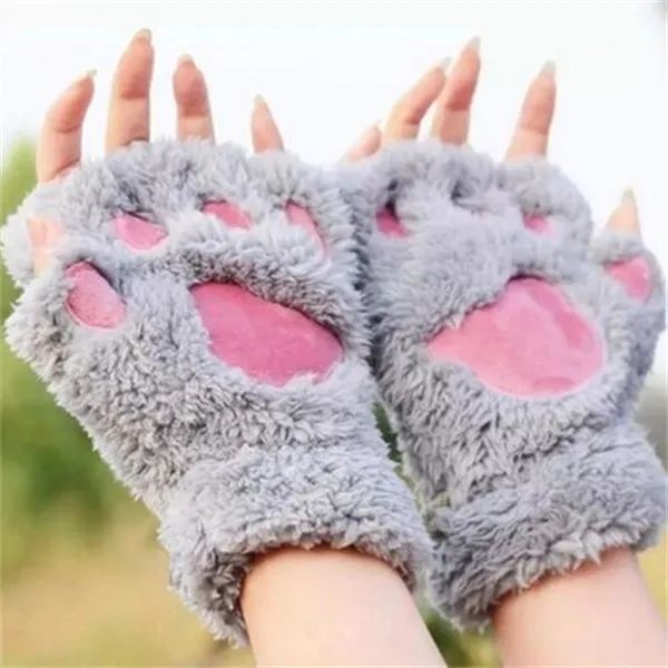 Gants de chat pour femmes et filles, mitaines en peluche avec patte de chat, chaudes et douces, courtes, sans doigts, demi-doigt, gants d'hiver