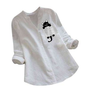 Vrouwen Cat Shirt Linnen Blouse Lange Mouw Kawaii Blouses Tops Laple Pocket Down Collared Shirts Lente Vrouw Kleding H1230