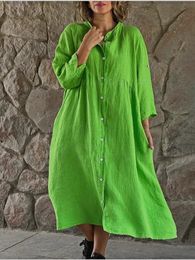 Vrouwen causale katoenen linnen jurk mode losse knop omhoog met lange mouwen shirt jurken vintage solide strandfeestje midi robe 240403