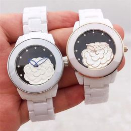 Reloj de cerámica para mujer 3D Camelia moda casual reloj de pulsera analógico de cuarzo para mujer Gift256Z