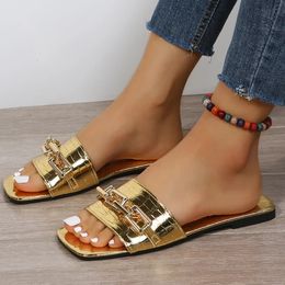 Zapatillas planas con cadena para mujer, sandalias de verano, zapatos informales, chanclas para caminar, zapatos de playa, vestido, diapositivas 240117