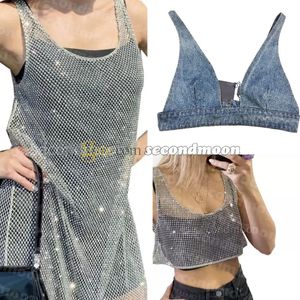 Vrouwen Glanzende Strass Jurk Sexy Crop Top Vest Denim Bh Tops Mouwloze Sling Vesten Vrouw Jurken