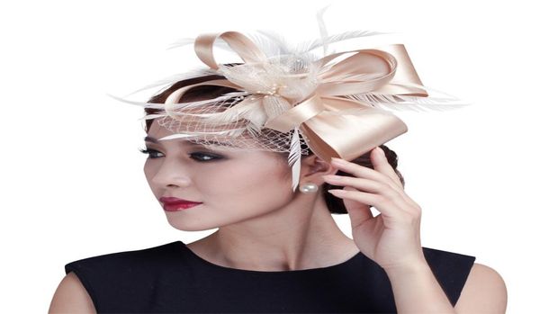 Tocado de flores de plumas de champán para mujer con lazo Accesorios para el cabello para mujer Diadema floral para fiesta de bodas Horquilla para el cabello Hea6768851