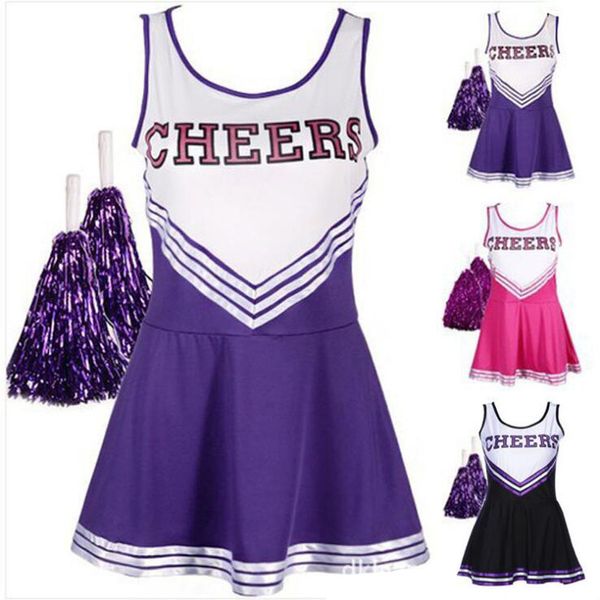 Les femmes Cheerleader Fancy Dress Sexy Girl Cheerleading Outfit Uniforme Halloween cosplay costume avec pompons XS-XXL 50sets / Lot