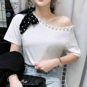 Vrouwen chemisier femme zomer shirt vrouwelijke koreaanse stijl college kralen ronde hals bow losse afslanken shirt 10263 210508