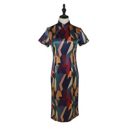 Dames Cheongsam Chinese Stijl Mandarijn Kraag Korte Mouw Geometrische Print Knielengte Elegante Jurk Zomer D1752 210514