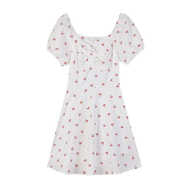 Mujeres Cherry Print White Slash Neck Manga corta A Line Mini vestido Summer Beach Mujer Puff D1906 210514