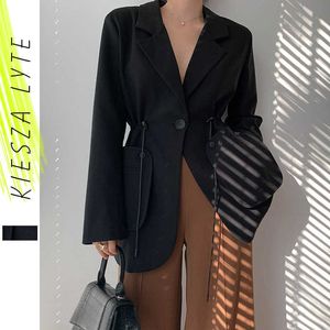 Femmes Chic Noir Blazer Casual Cordon Unique Bouton Bureau Dames Poches Costume Veste Femme Printemps Blazers 210608