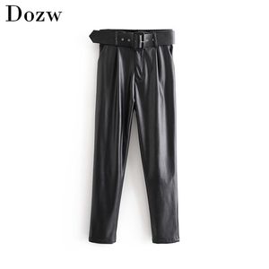 Femmes Chic noir PU Faux cuir pantalon mode taille haute poches dames bureau pantalon avec ceinture décontracté plissé bas 210515
