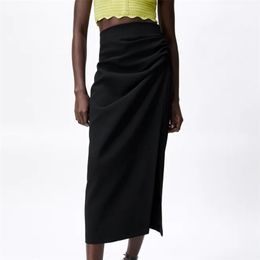 Femmes Chic mode drapé Midi jupe Vintage taille haute côté fermeture éclair droite femme noir jupes Mujer 220317