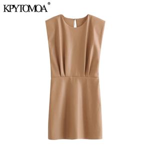 Mini vestido plisado de piel sintética a la moda para Mujer, Vintage, con hombreras, cremallera lateral, Vestidos para Mujer, 210416