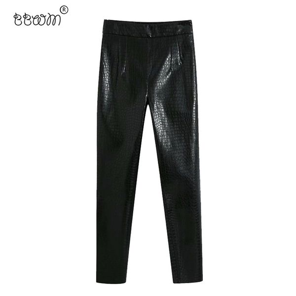 Femmes chic Fashion Faux Pantalons de gaine en cuir vintage High Taist Side Zipper Checkle Pantalones Mujer 210531