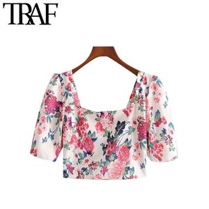 Femmes Chic Mode Floral Print Cropped Blouses Vintage Puff Sleeve Side Zipper Femme Chemises Blusas Tops 210507